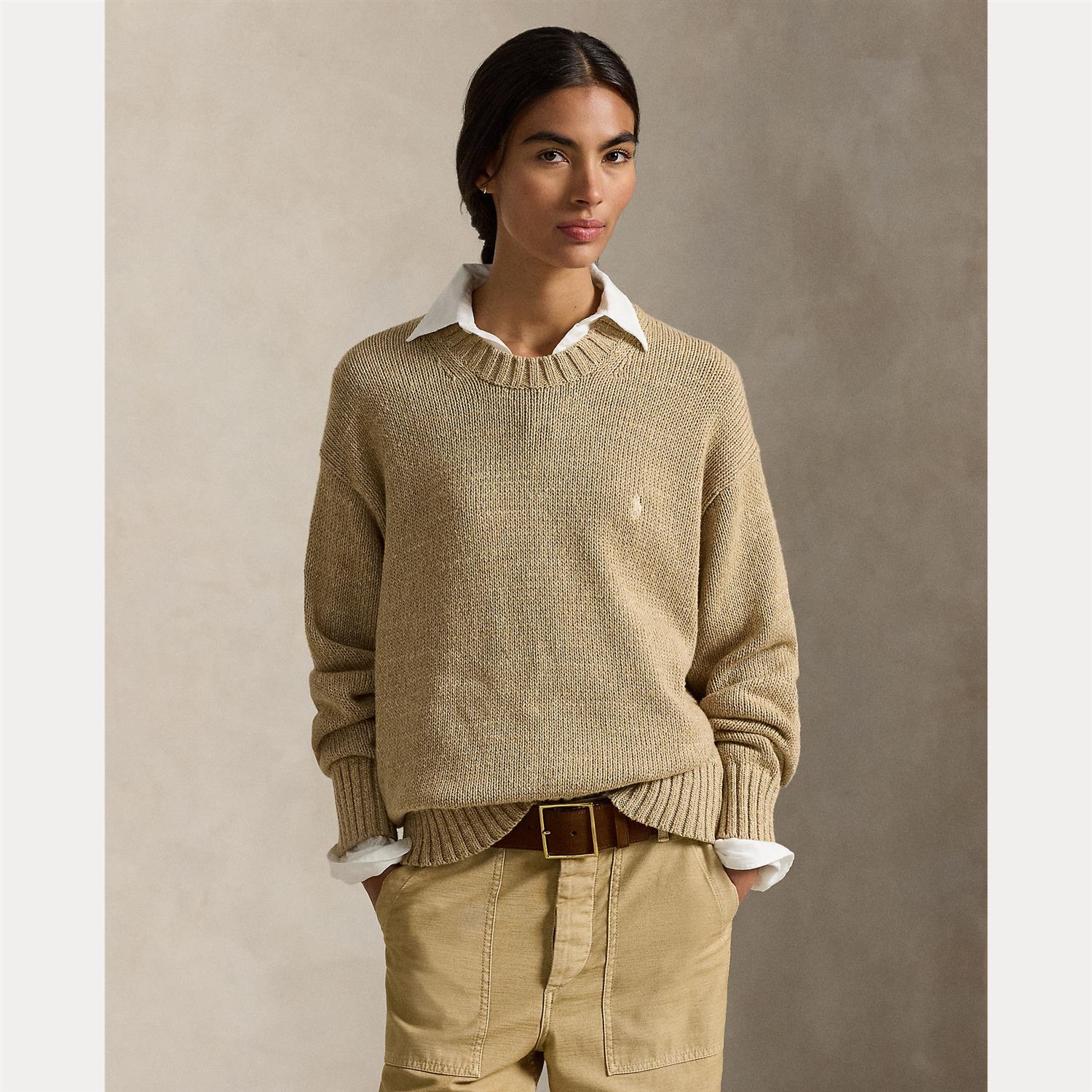 Logo Cotton Crewneck Jumper Khaki