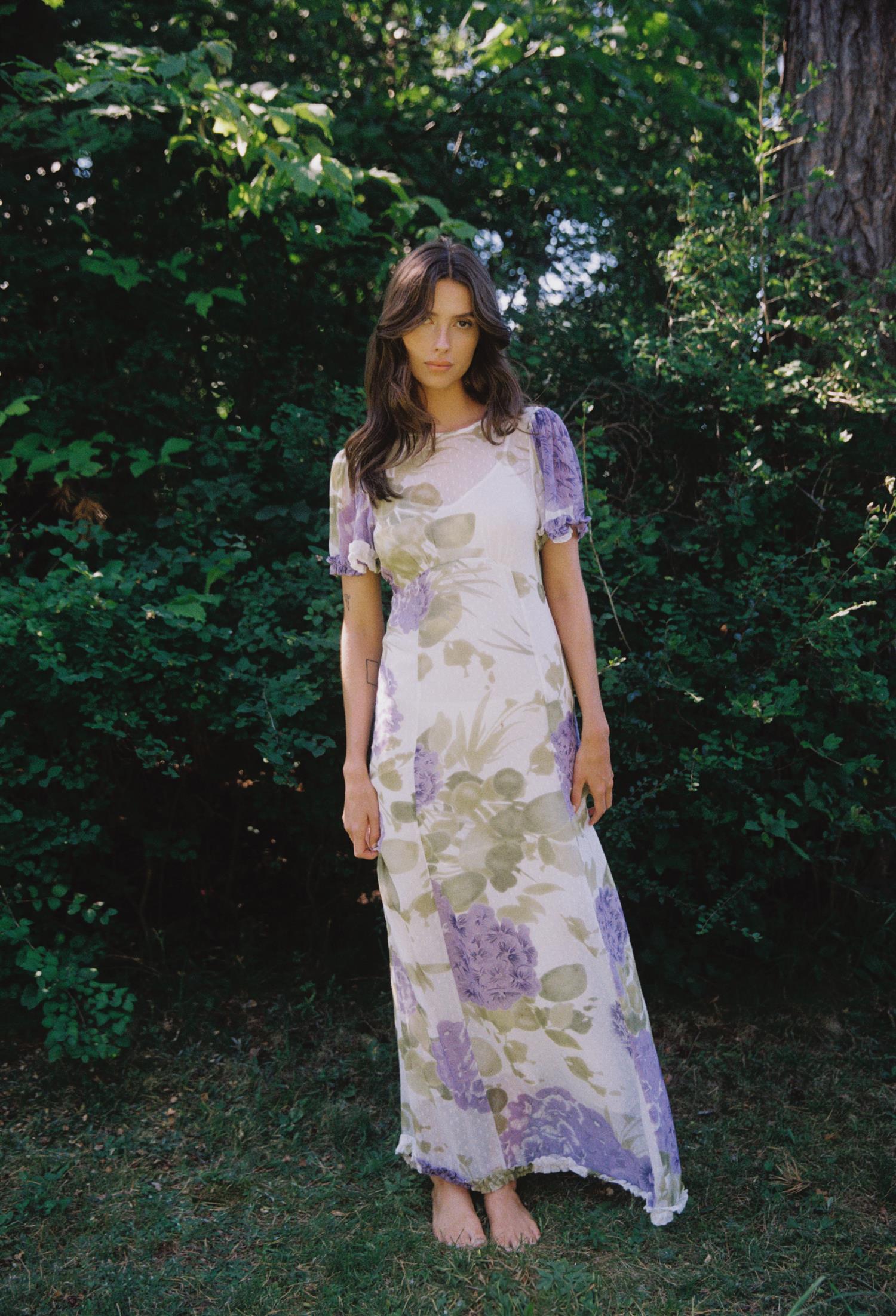 Dotted Georgette Maxi Dress-Purple Flowerfeild
