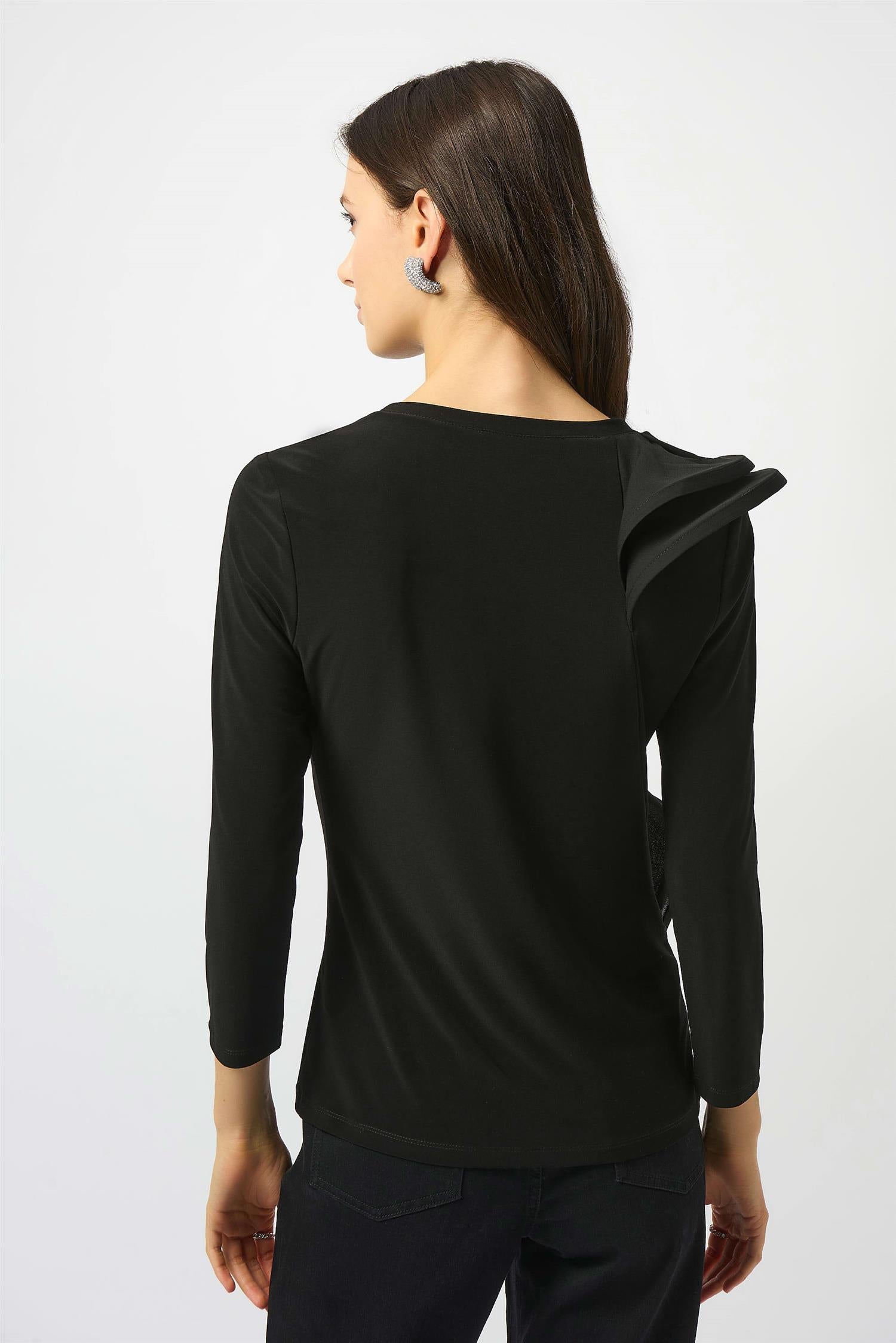 Silky Knit Fitted Ruffled Top Black