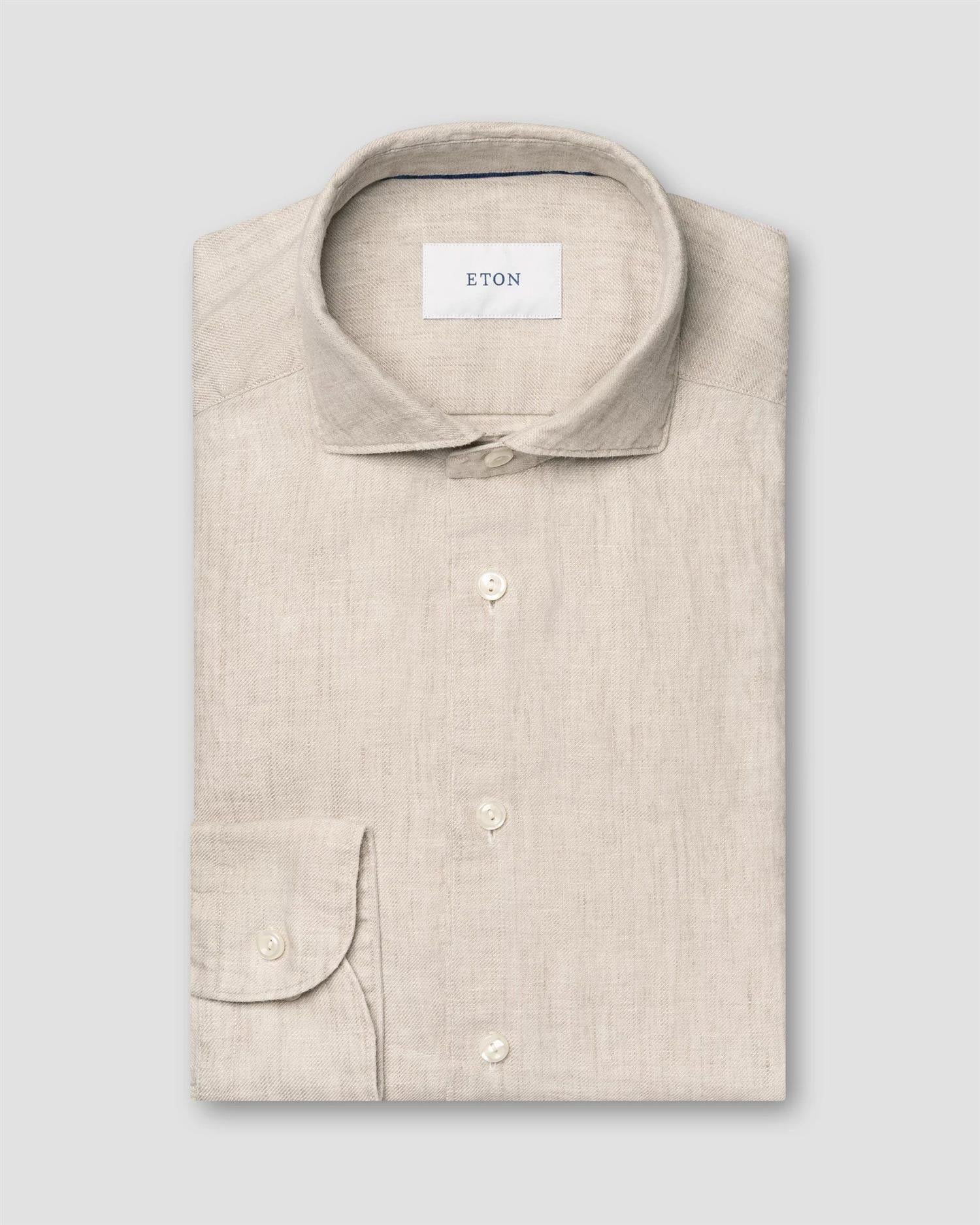 BEIGE SOLID TWILL LINEN SLIM SHIRT