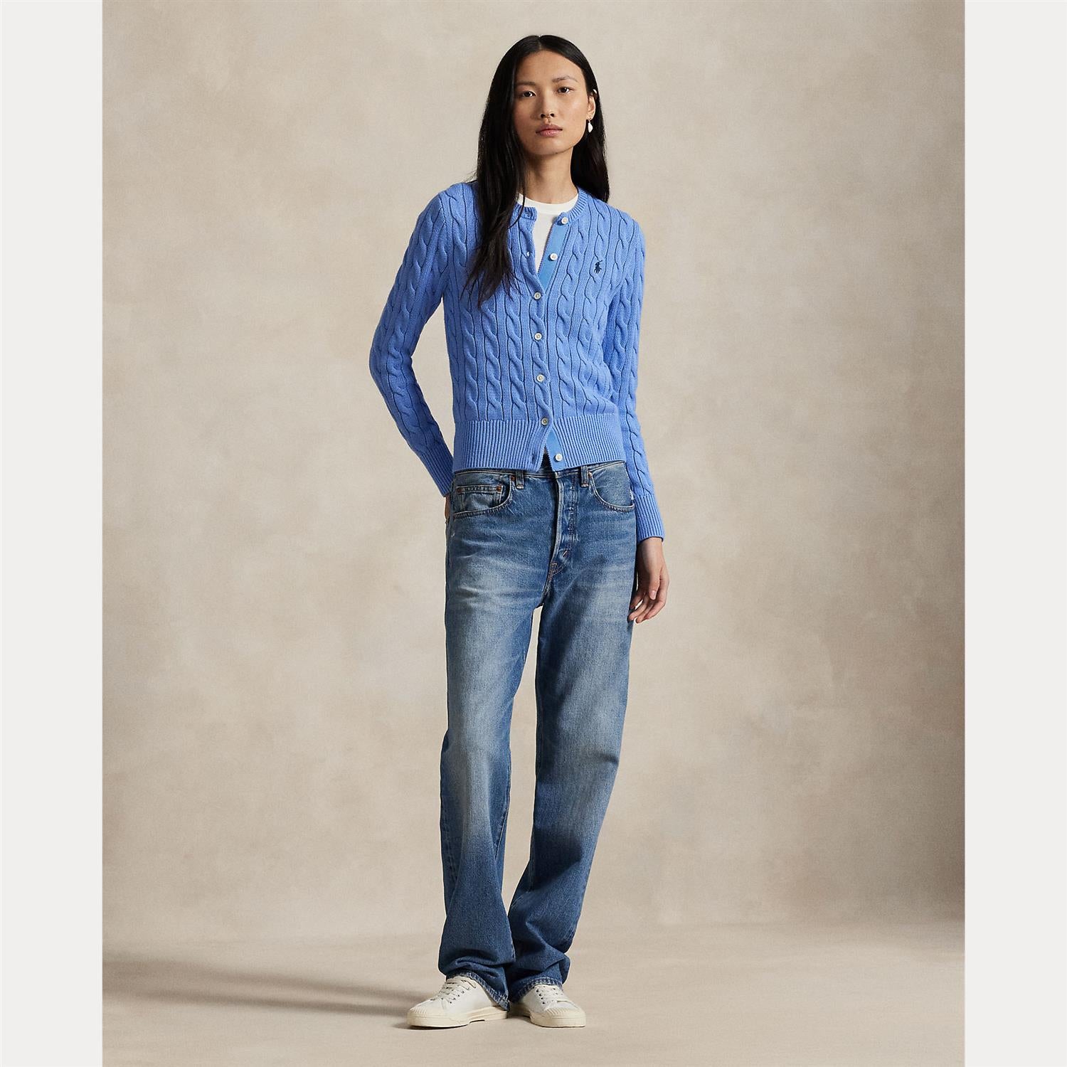 Cable-Knit Cotton Crewneck Cardigan - blue