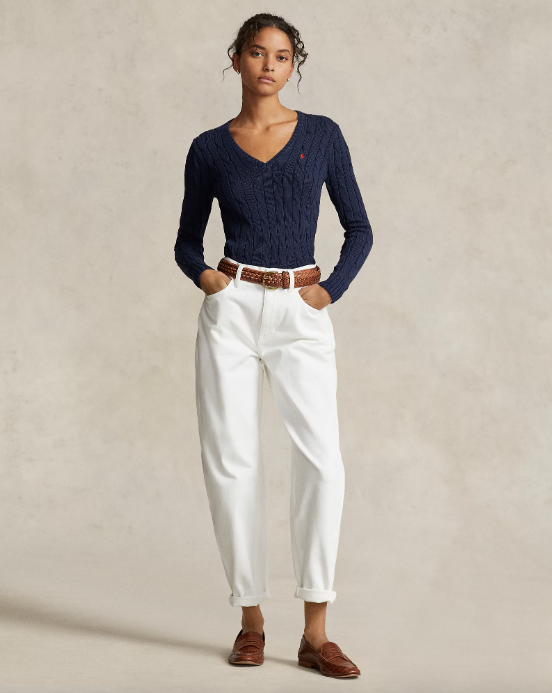Cble-Knit Cotton v-neck jumper navy