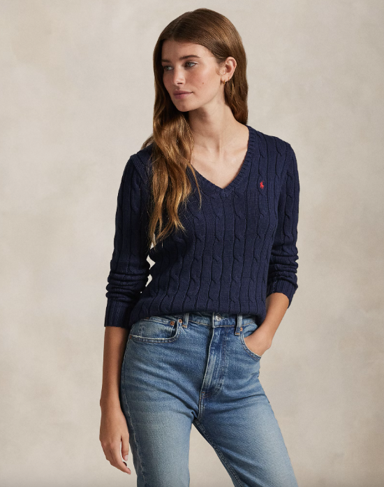 Cble-Knit Cotton v-neck jumper navy