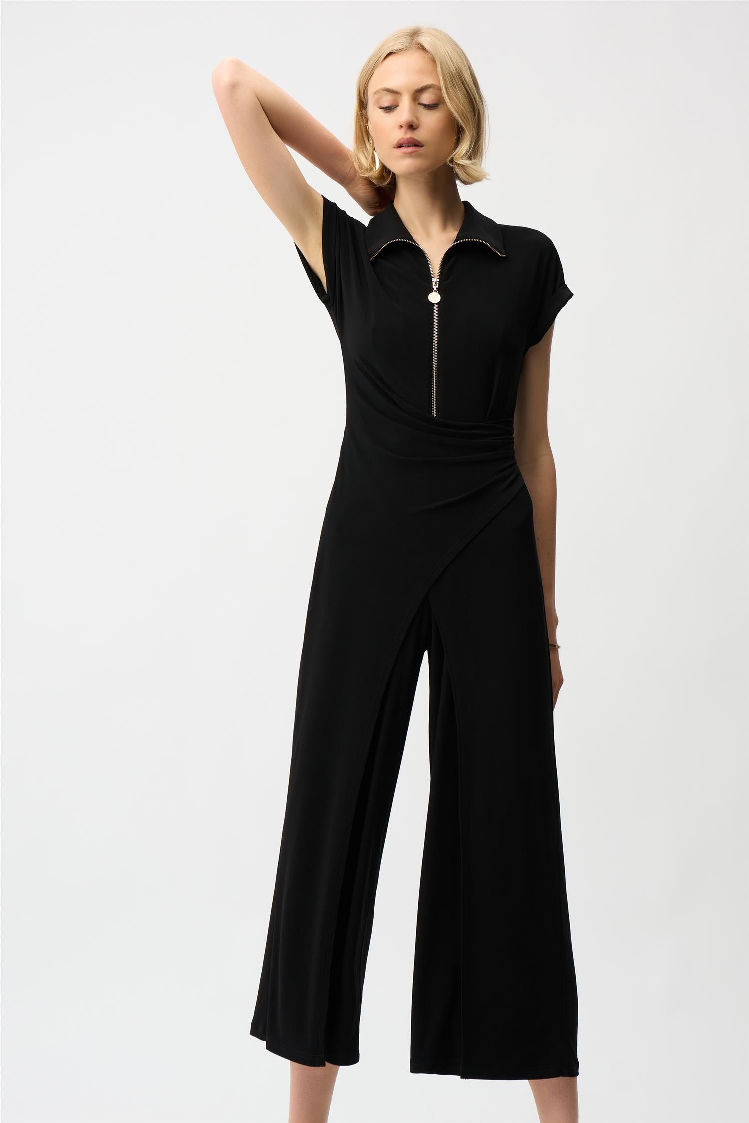 Silky Knit Culotte Jumpsuit With Gold Zipper Black