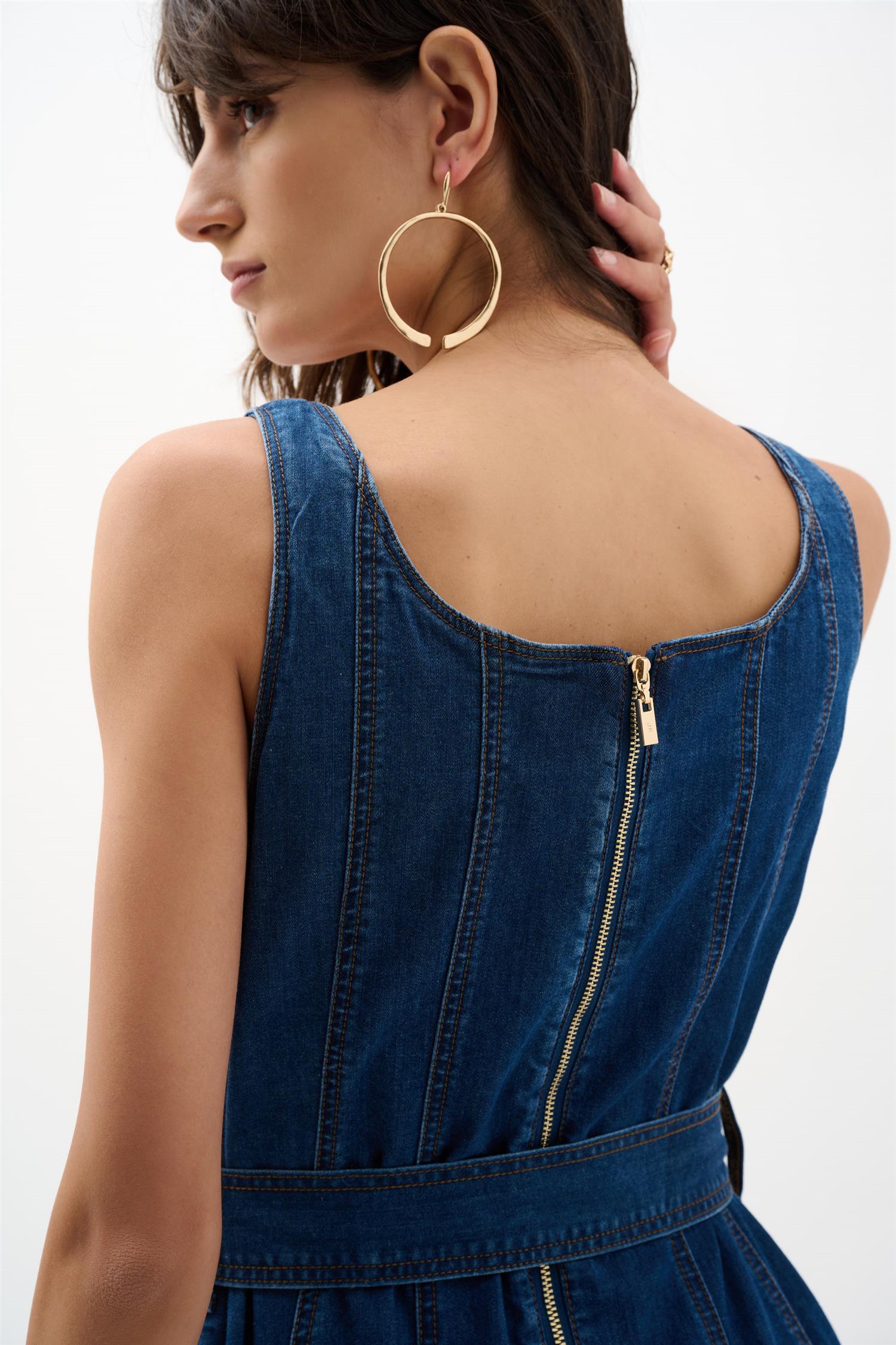 Denim Fit And Flare Midi Dress With Belt