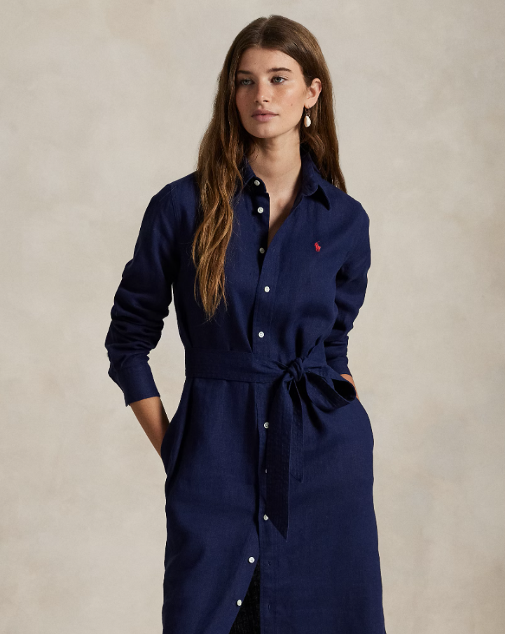 Belted Linen Shirtdress Navy