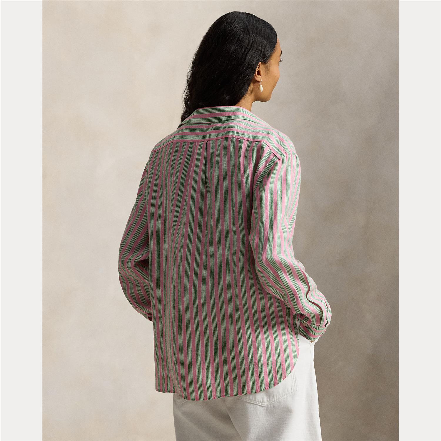 Wide Cropped Striped Linen Shirt Berry Green Multi