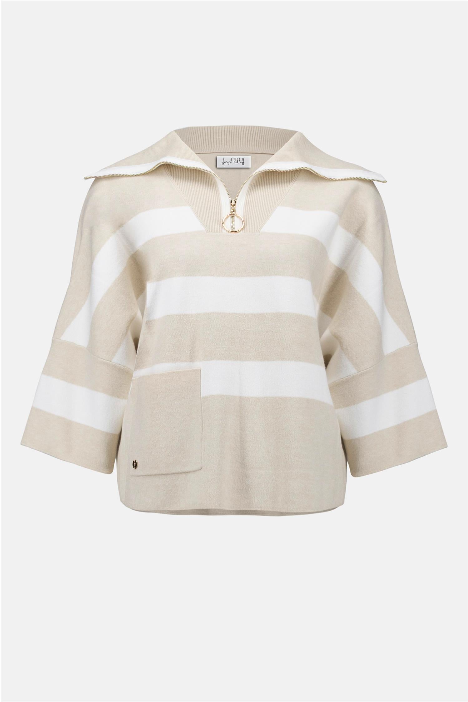 Brushed Visc Stripe Print Boxy Sweater w/Zipped Collar