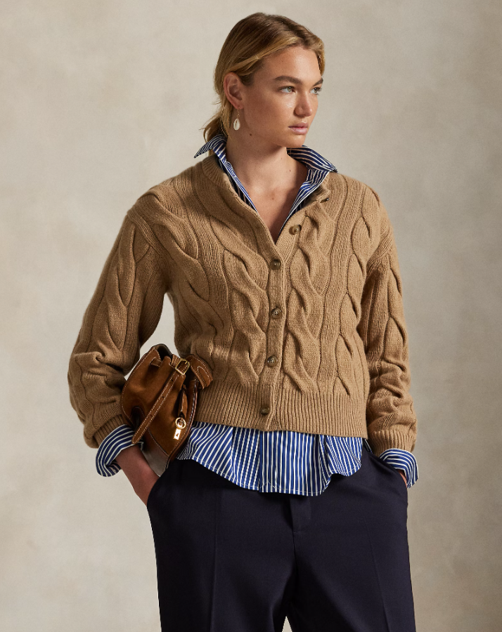 Cable-Knit Wool Cashmere Cardigan Camel