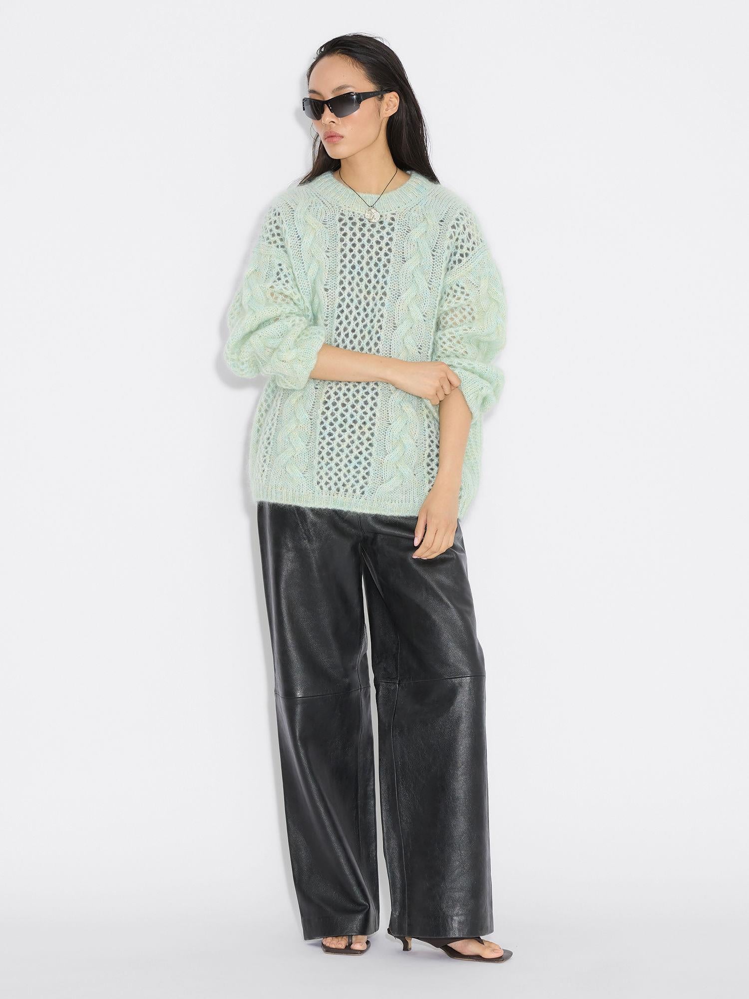 Mohair Cable Knit Crew Green mix