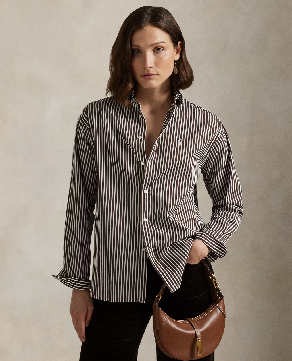 Relaxed Fit Striped Cotton Shirt Brown/White