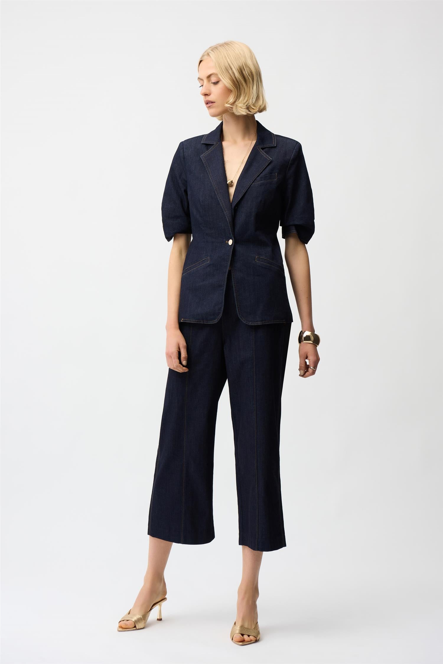 Denim Fitted Blazer Dark Blue