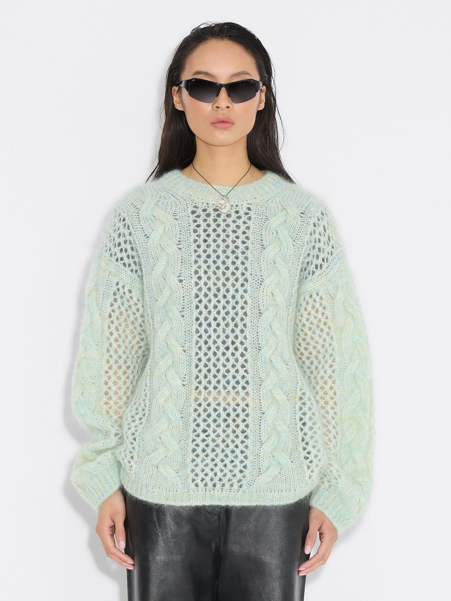 Mohair Cable Knit Crew Green mix