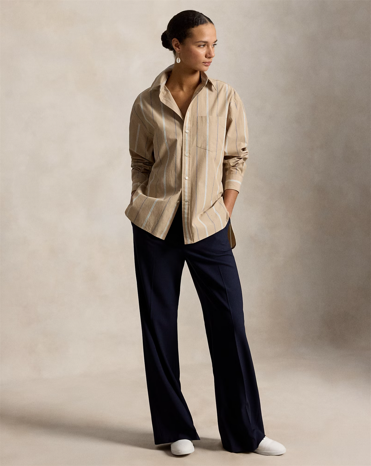 Oversized fit striped cotton shirt tan cream
