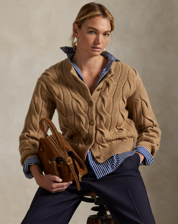 Cable-Knit Wool Cashmere Cardigan Camel