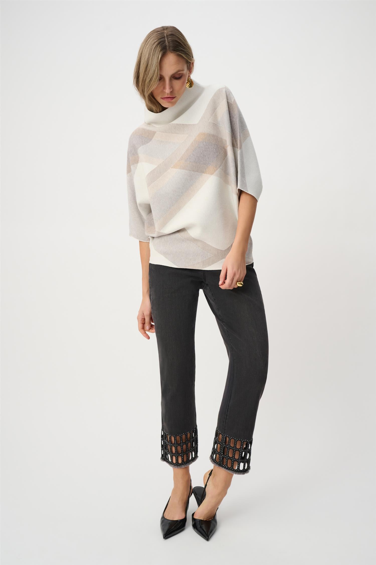 Brushed Viscose And Nylon Plaid Funnel-Neck Sweater