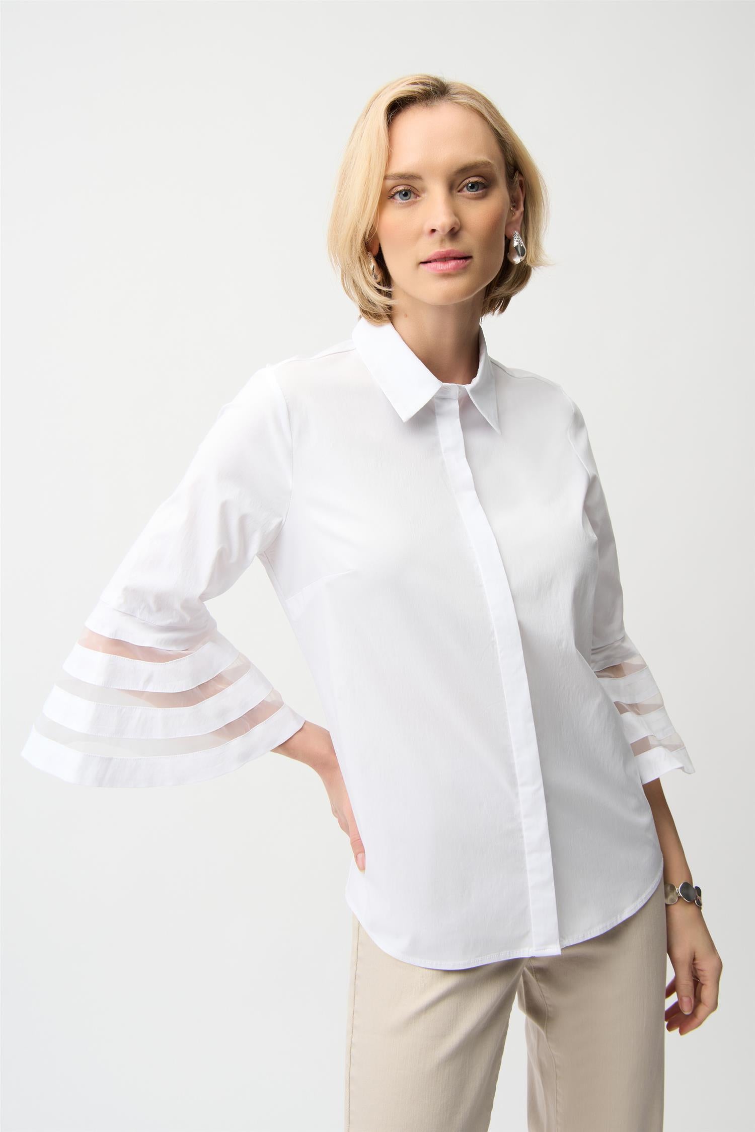 Stretch Poplin Straight Blouse with Organza Bell Sleeves White