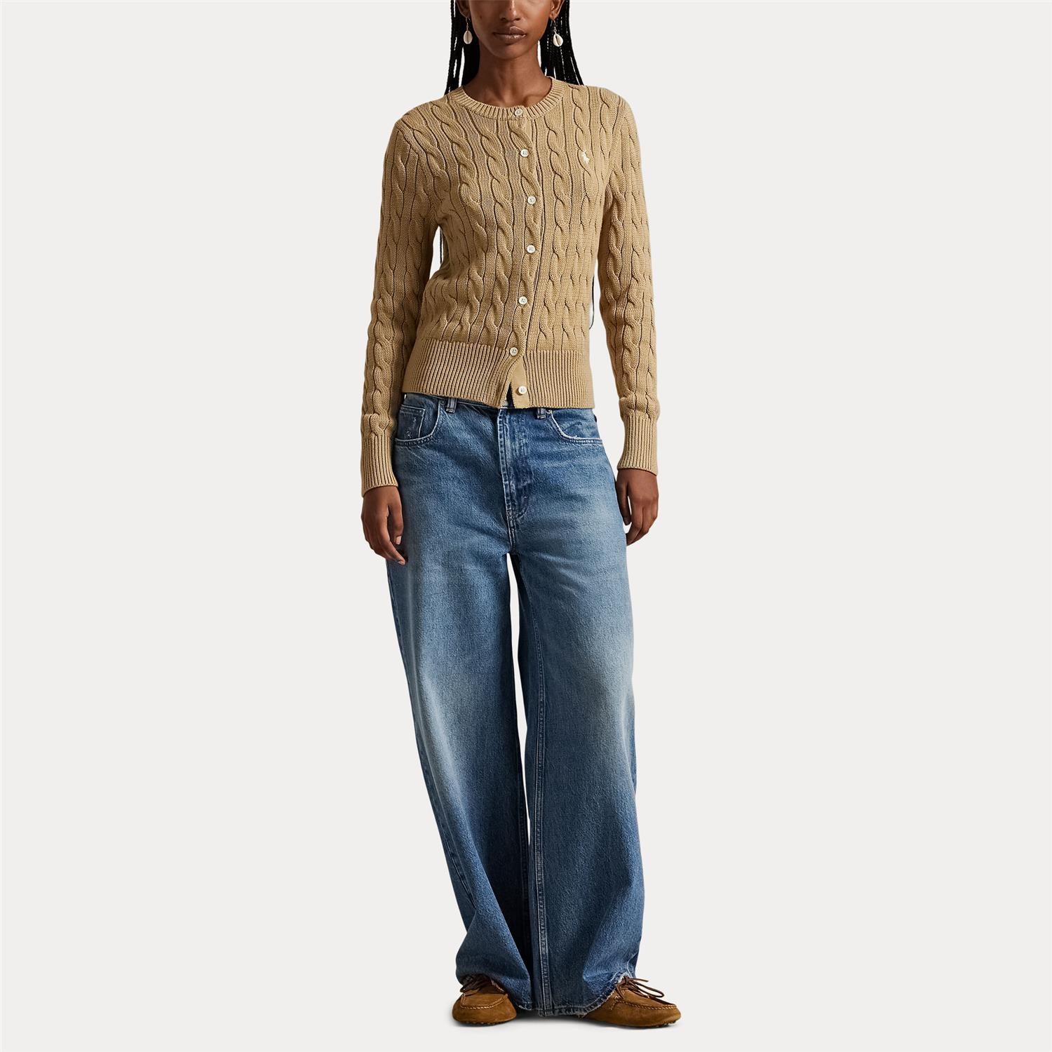 Cotton Cable Knit Long Sleeve Cardigan Khaki