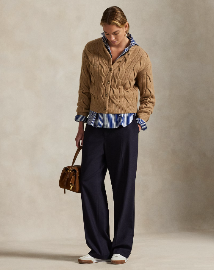 Cable-Knit Wool Cashmere Cardigan Camel