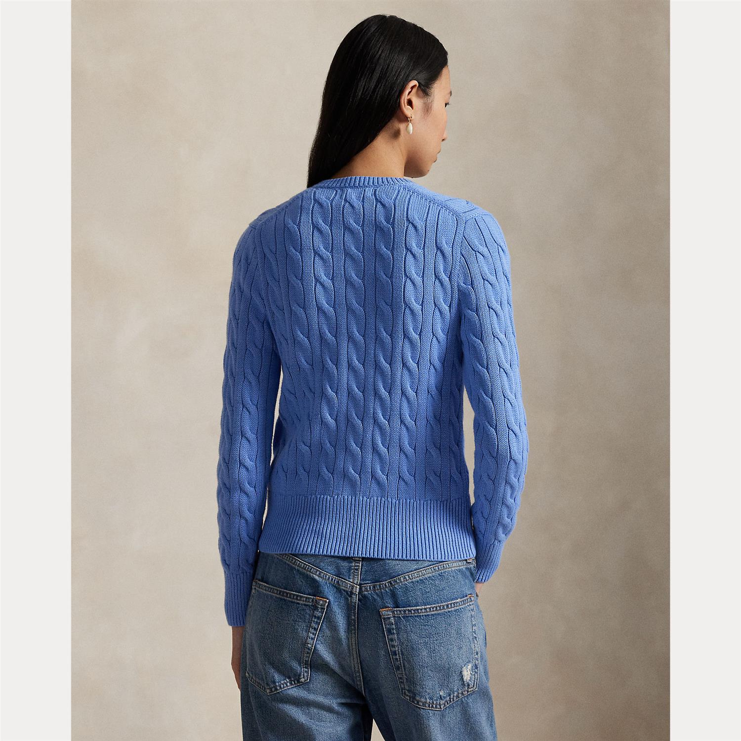Cable-Knit Cotton Crewneck Cardigan - blue