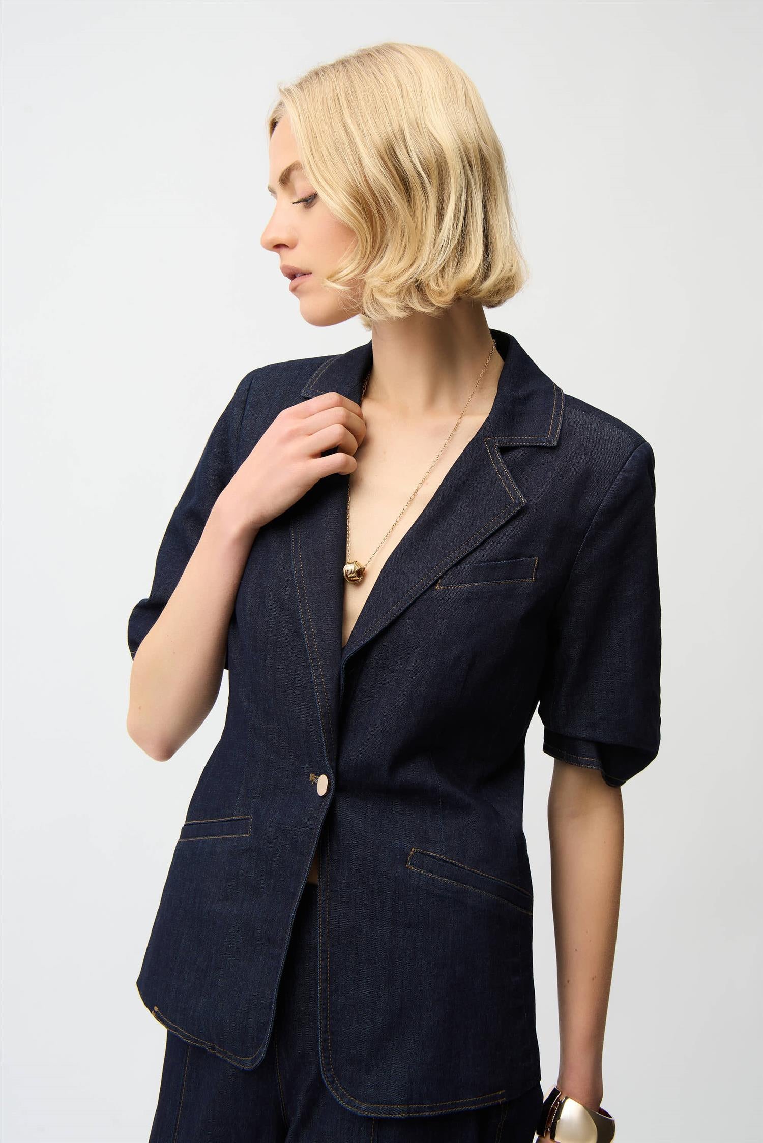 Denim Fitted Blazer Dark Blue