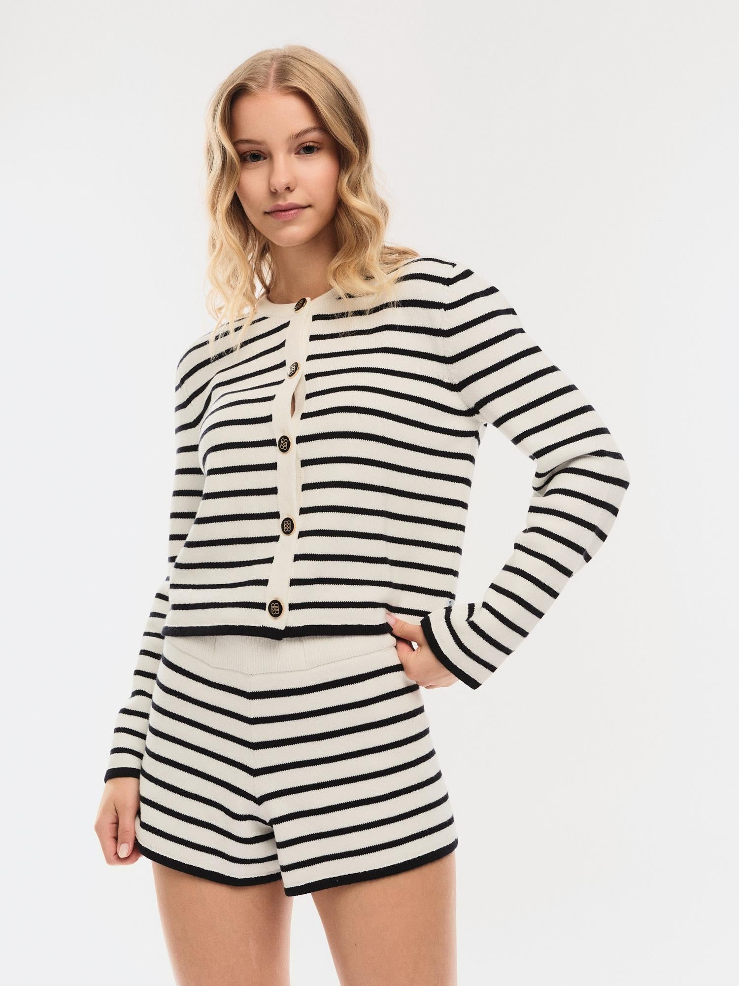 Lisa Cotton Cardigan White With Navy Stripes