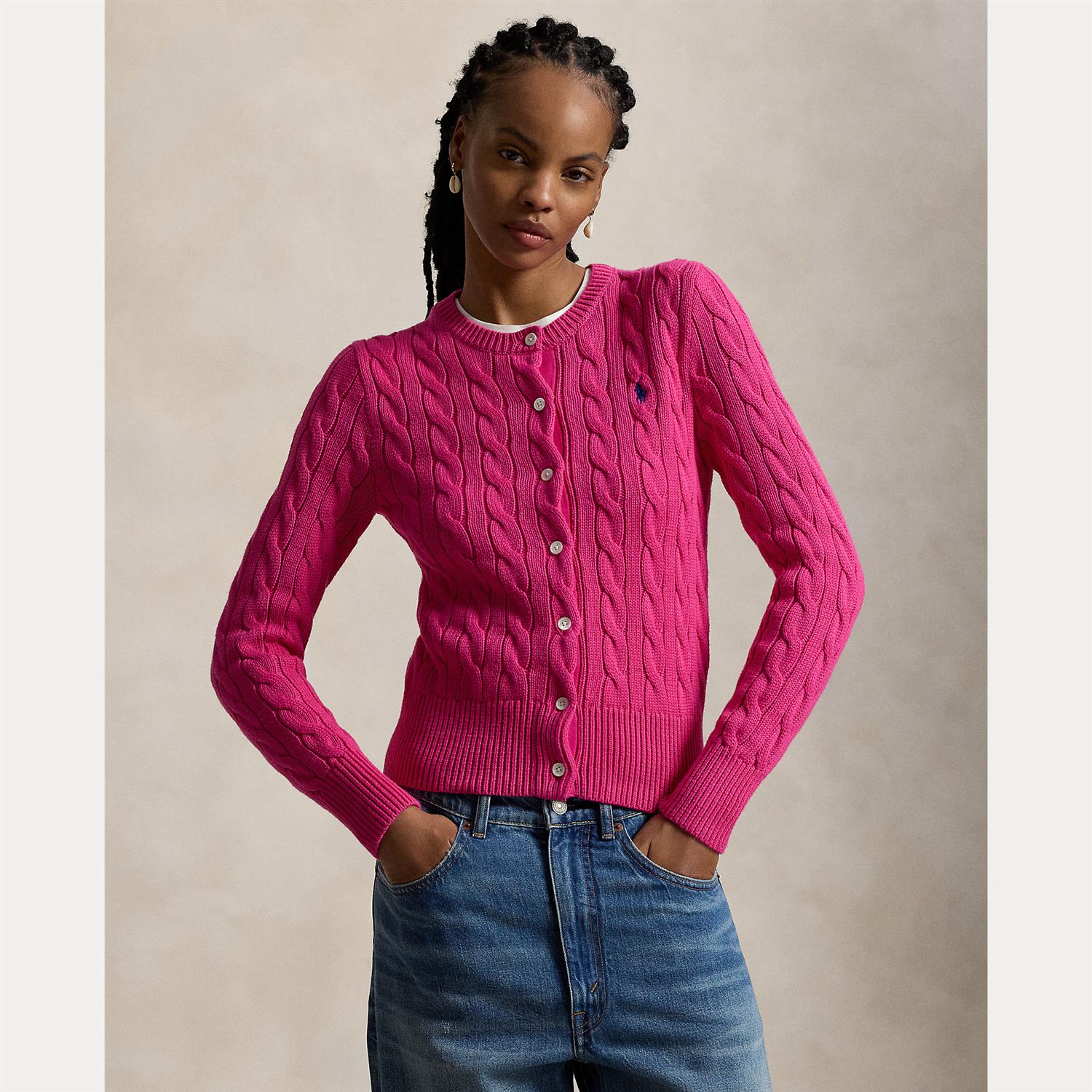 Cotton Cable Knit Long Sleeve Cardigan Pink