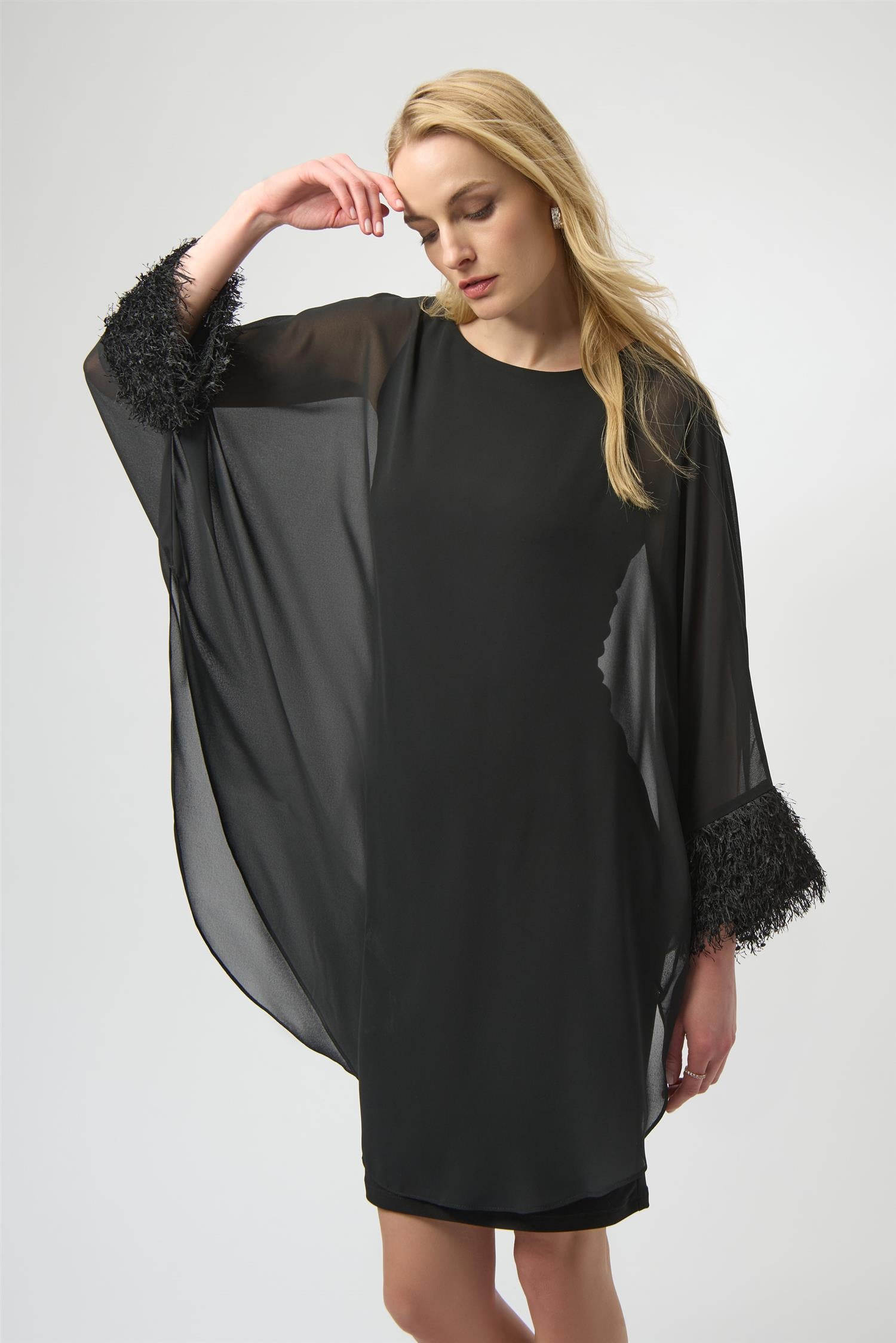 Silky Knit & Chiff Layered Dress w/Fringe Detail