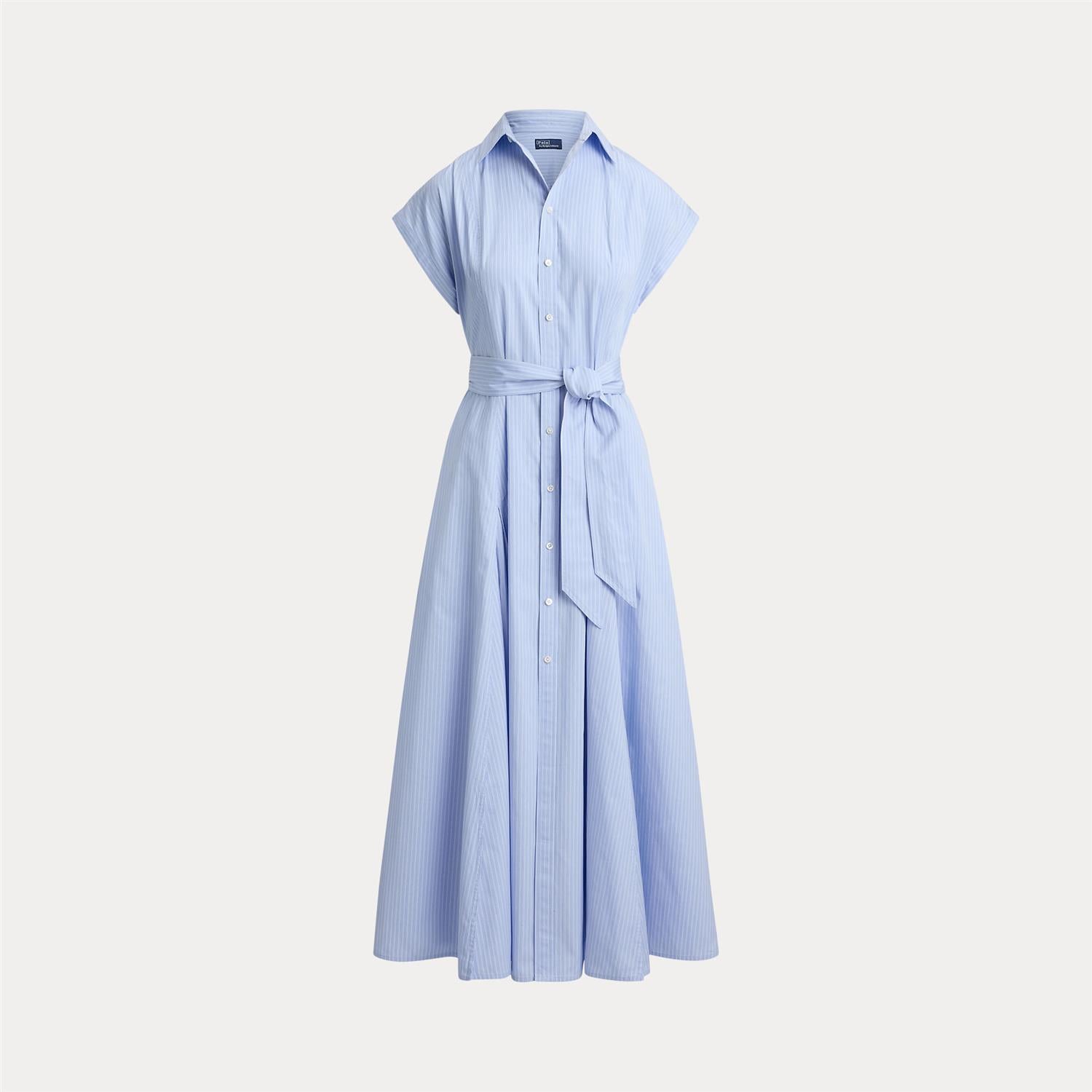 Striped Belted Cotton Dress - Blue