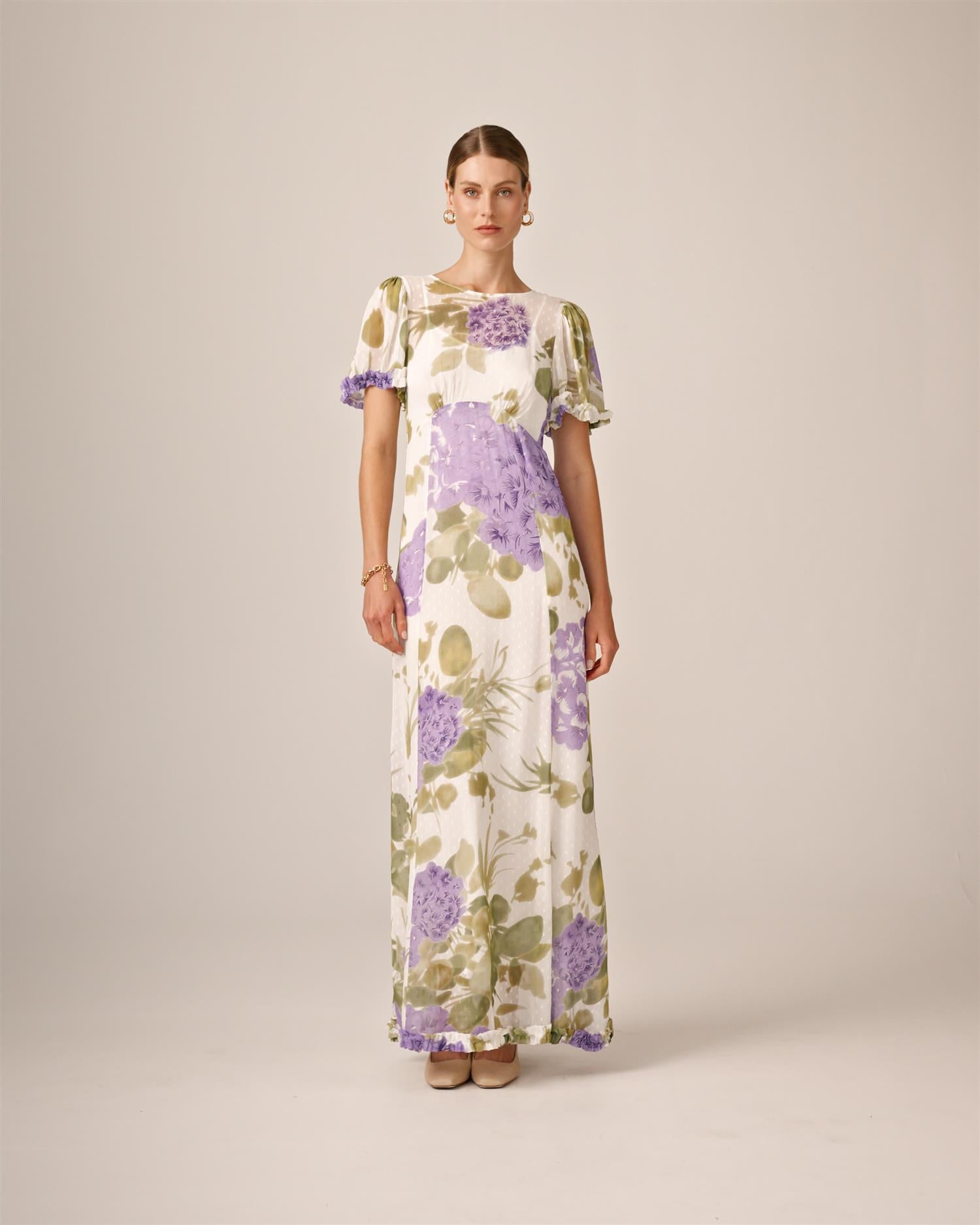 Dotted Georgette Maxi Dress-Purple Flowerfeild