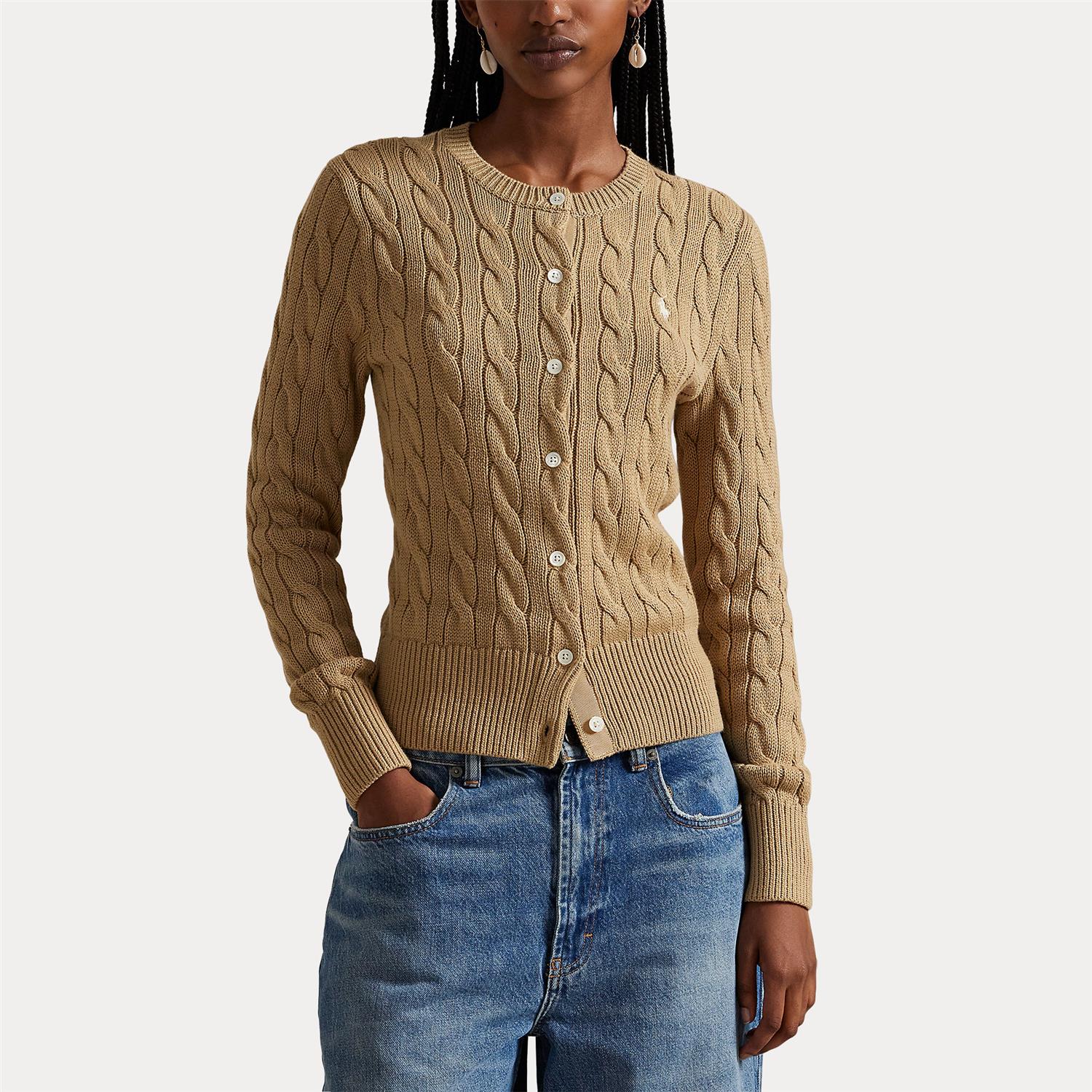 Cotton Cable Knit Long Sleeve Cardigan Khaki