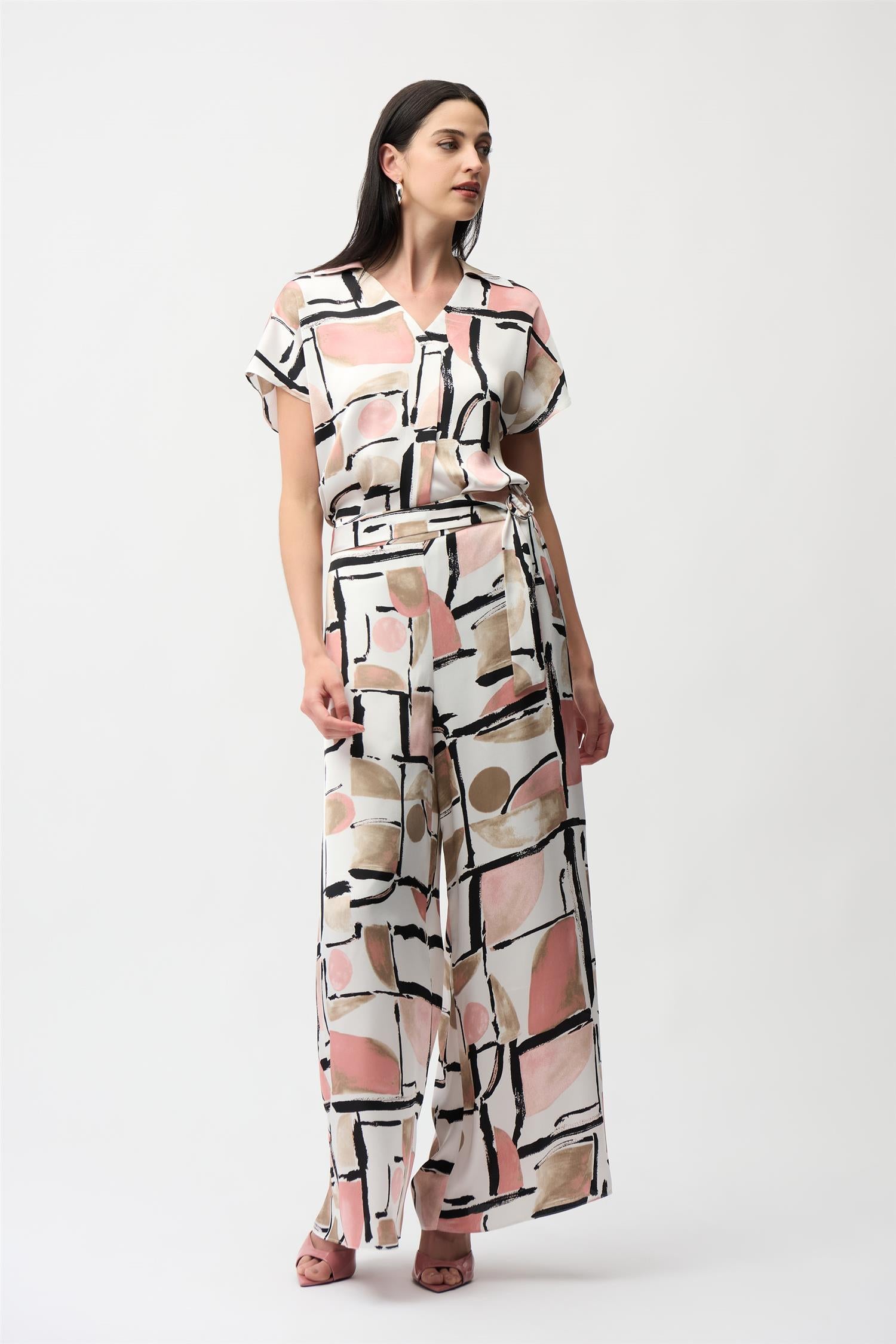 Recycled Satin Abstract Print Wide Leg Pull-On Pants Vanilla/Multi