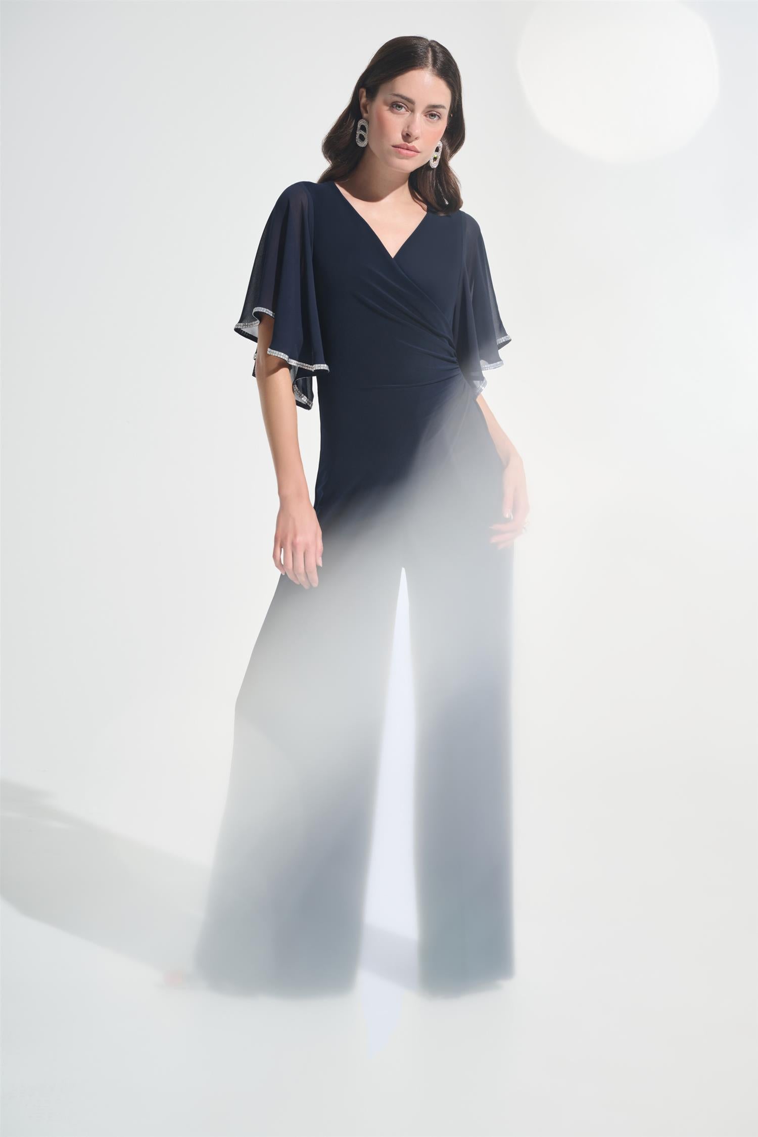 Signature |Silky Knit Wrap Wide Leg Jumpsuit With Rhinestone Trim Midnight blue