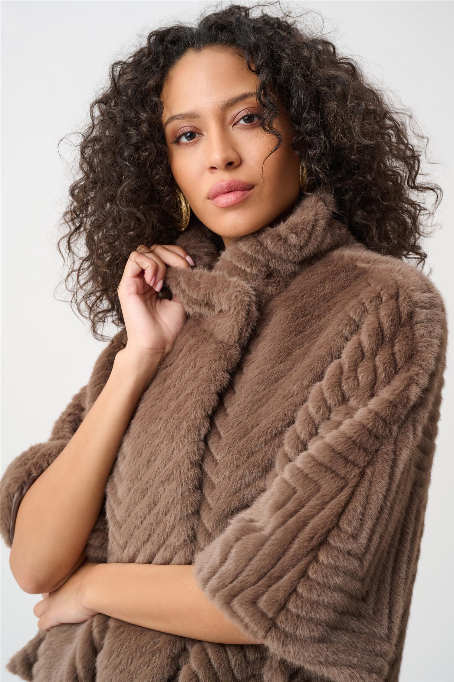 Chevron Faux Fur Cape-Style Jacket Mink