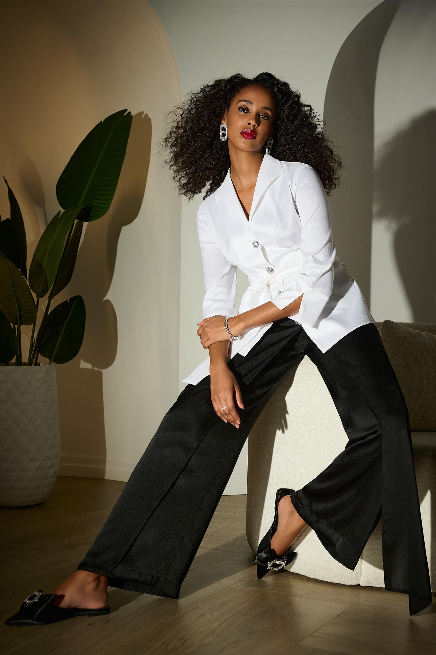 Satin Wide Leg Pants With Front Overlay Black