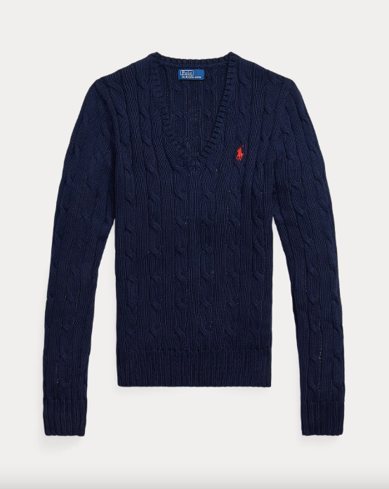 Cble-Knit Cotton v-neck jumper navy