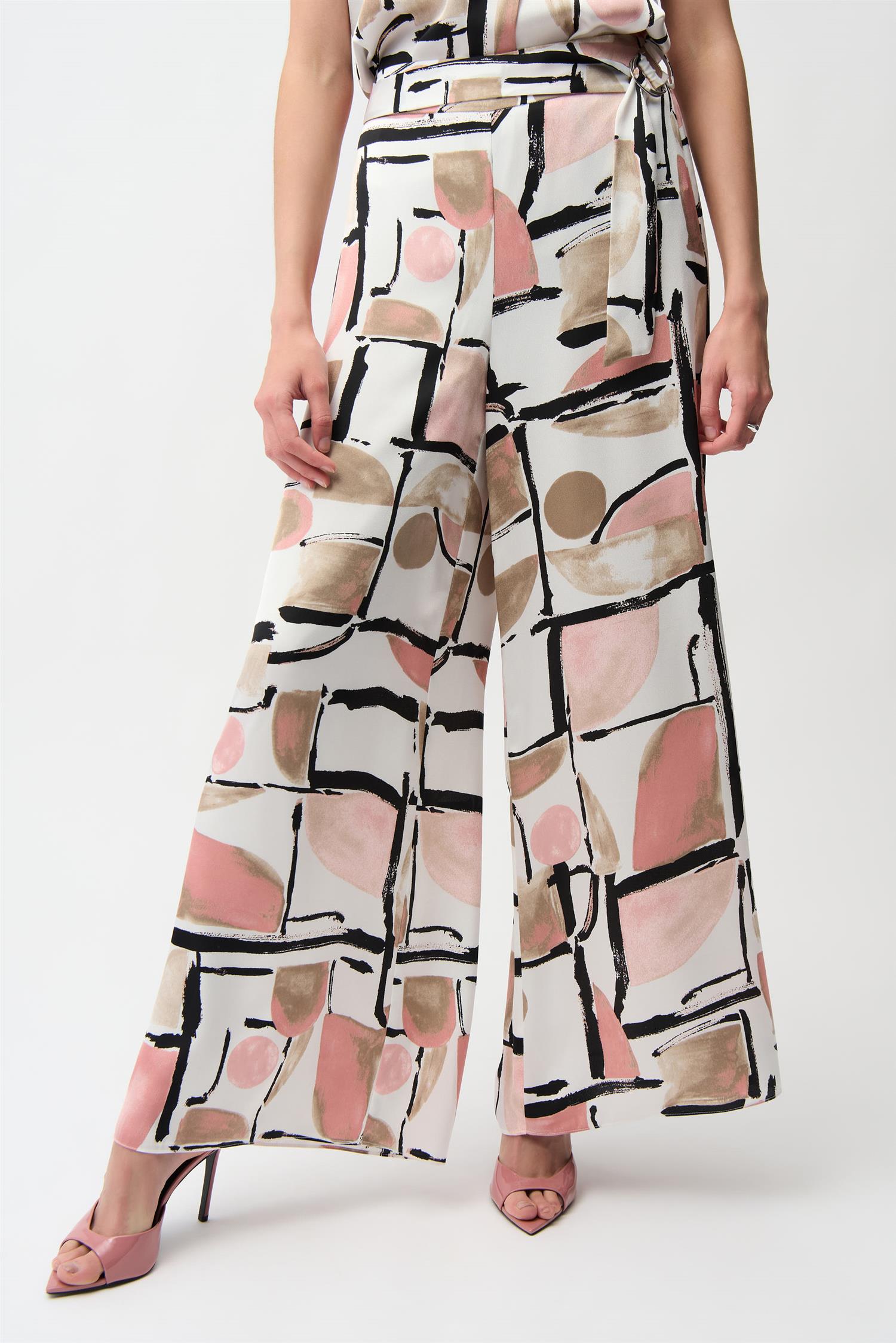 Recycled Satin Abstract Print Wide Leg Pull-On Pants Vanilla/Multi