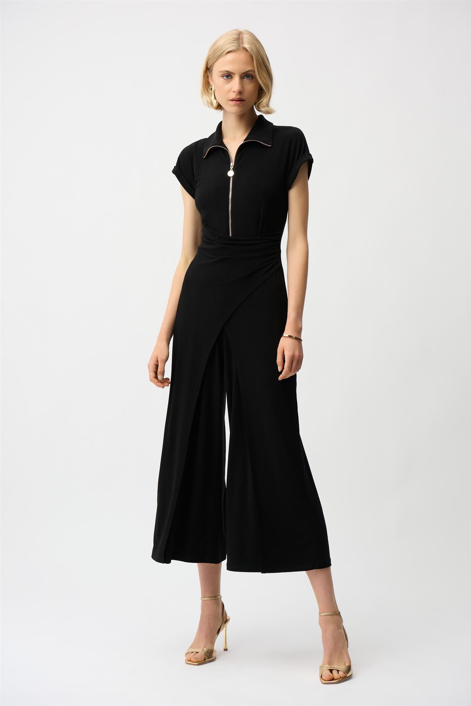 Silky Knit Culotte Jumpsuit With Gold Zipper Black