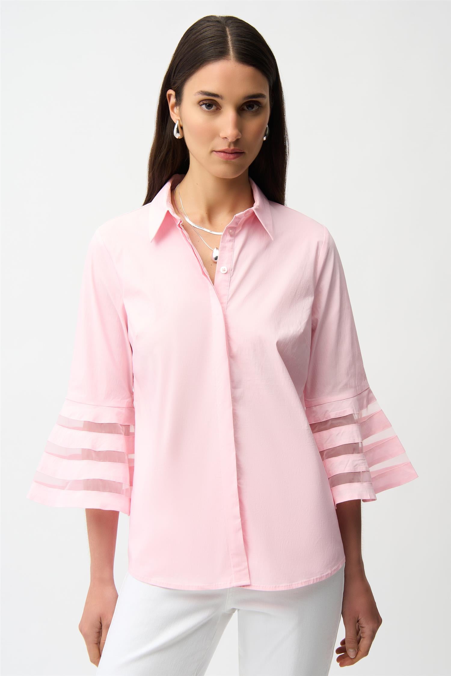 Stretch Poplin Straight Blouse with Organza Bell Sleeves Pink