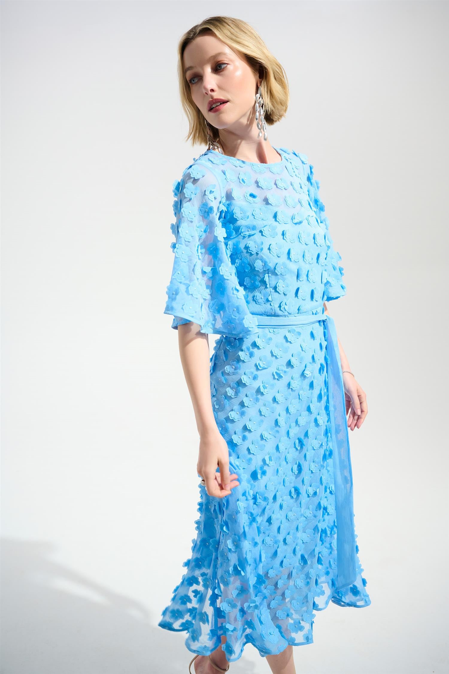 3D Embrideried Chiff Fit And Flare Dress With Sash Belt