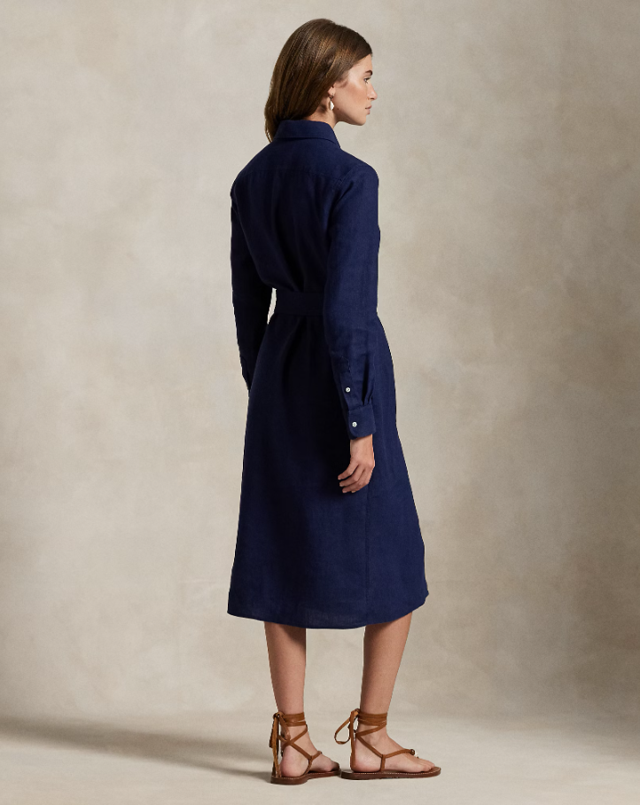 Belted Linen Shirtdress Navy