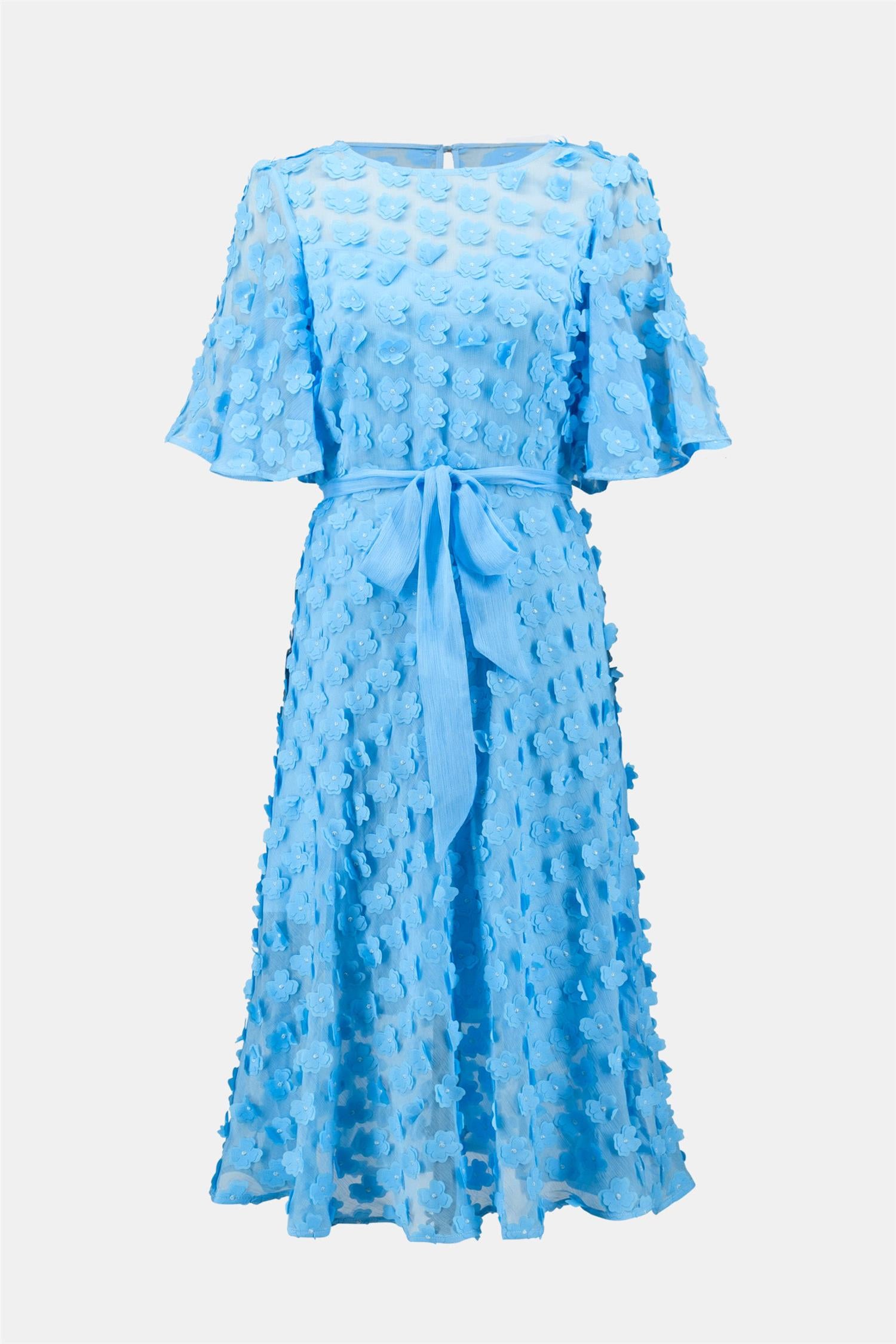 3D Embrideried Chiff Fit And Flare Dress With Sash Belt