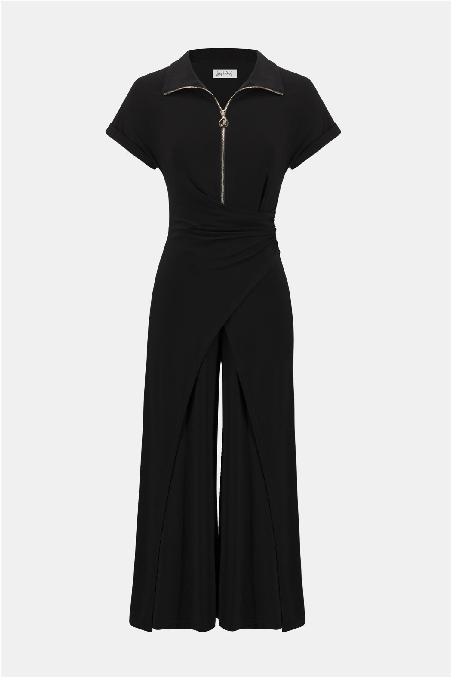 Silky Knit Culotte Jumpsuit With Gold Zipper Black