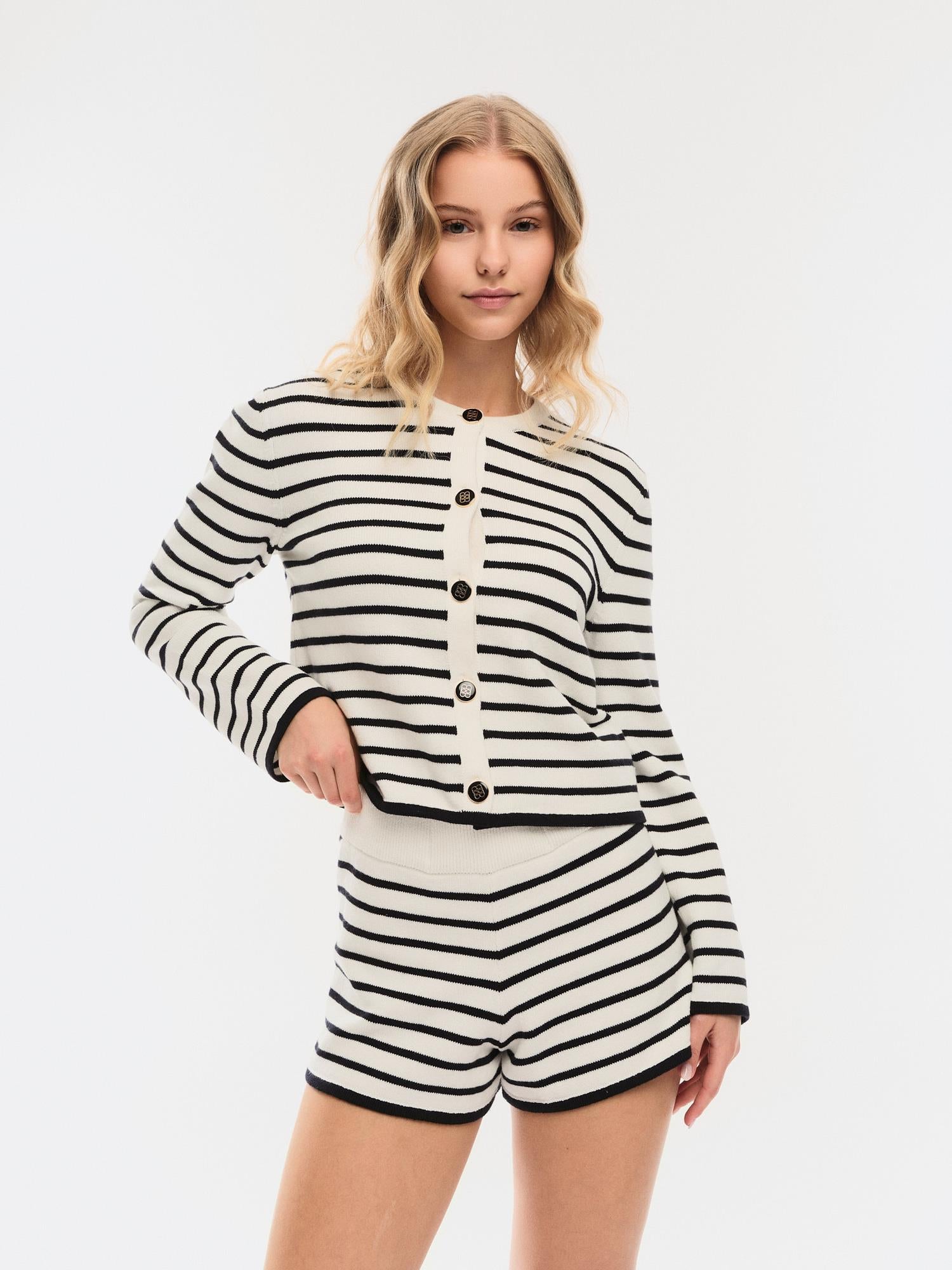 Lisa Cotton Cardigan White With Navy Stripes
