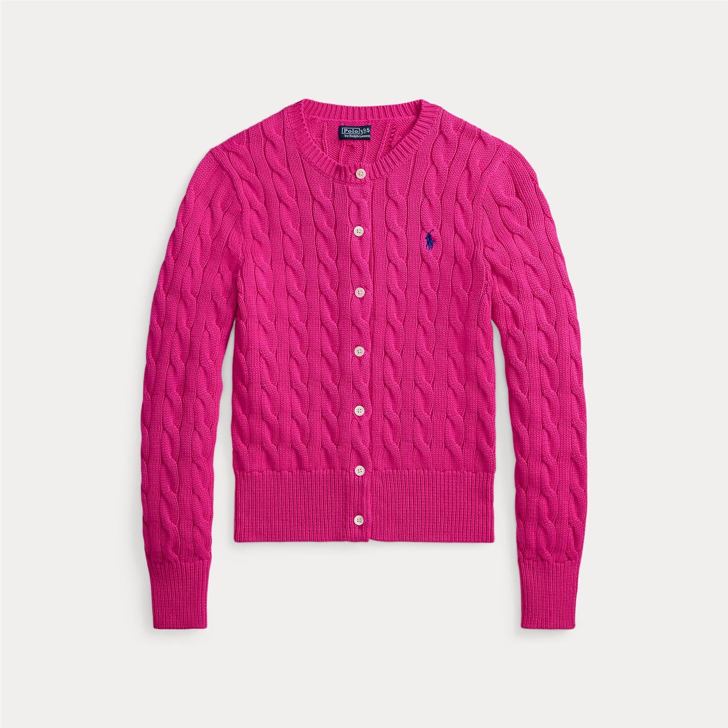 Cotton Cable Knit Long Sleeve Cardigan Pink
