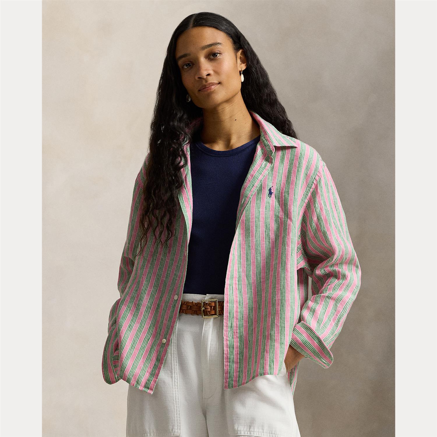 Wide Cropped Striped Linen Shirt Berry Green Multi