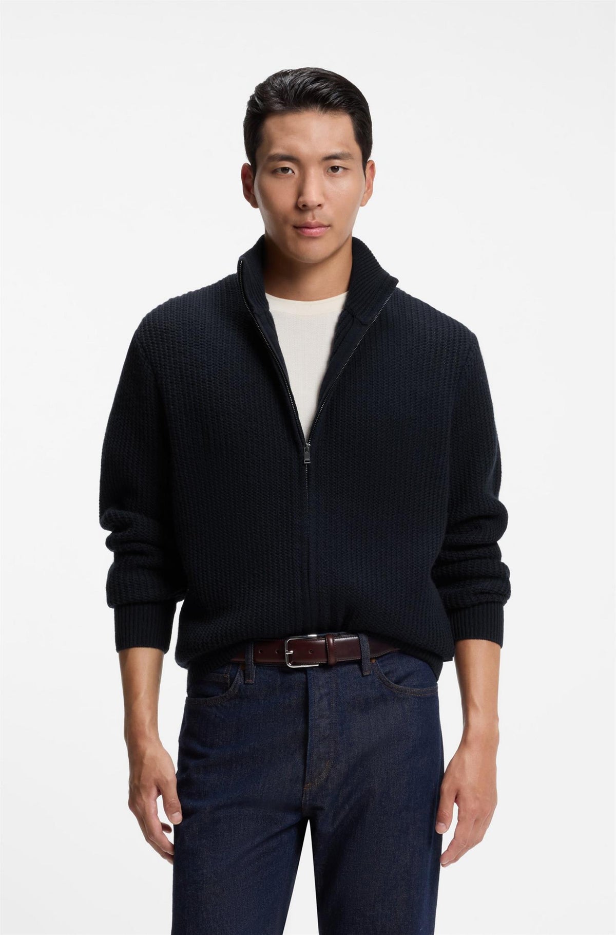 H-Fiocco Zip Up Structured Wool and Cashmere Cardigan Navy