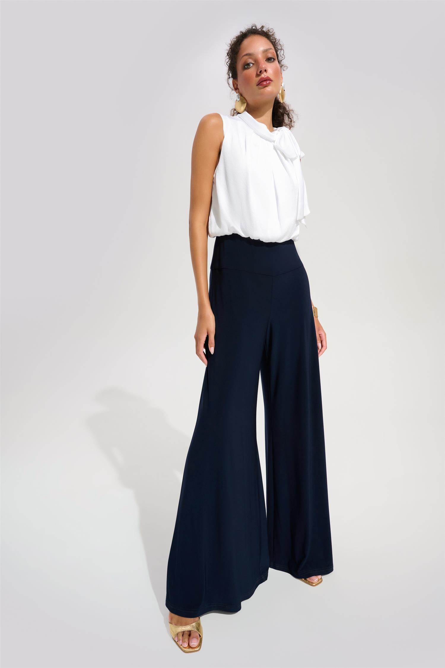 Silky Knit And Satin Wide Leg Jumpsuit Navy/White