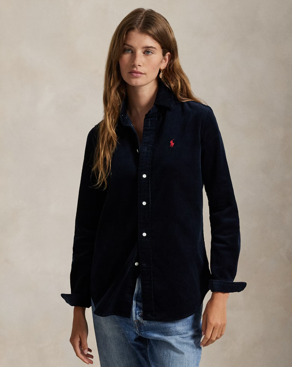 Stretch Slim Fit Cotton Corduroy Shirt Navy