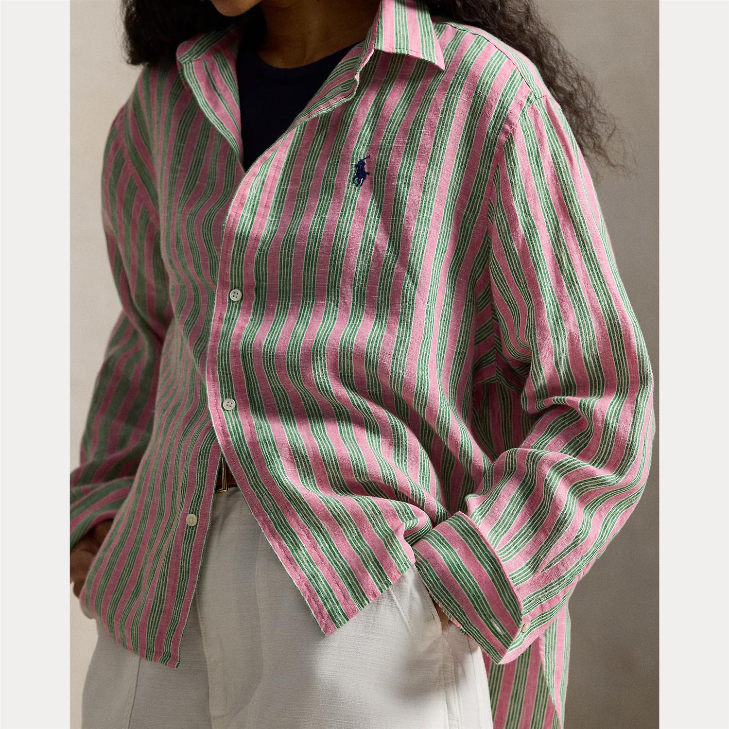 Wide Cropped Striped Linen Shirt Berry Green Multi